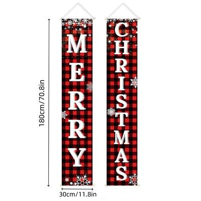 Christmas Decorations Outdoor Yard Front Porch Sign Set, Red Black Buffalo Plaid Door Banner, Hanging Merry Christmas Decoration