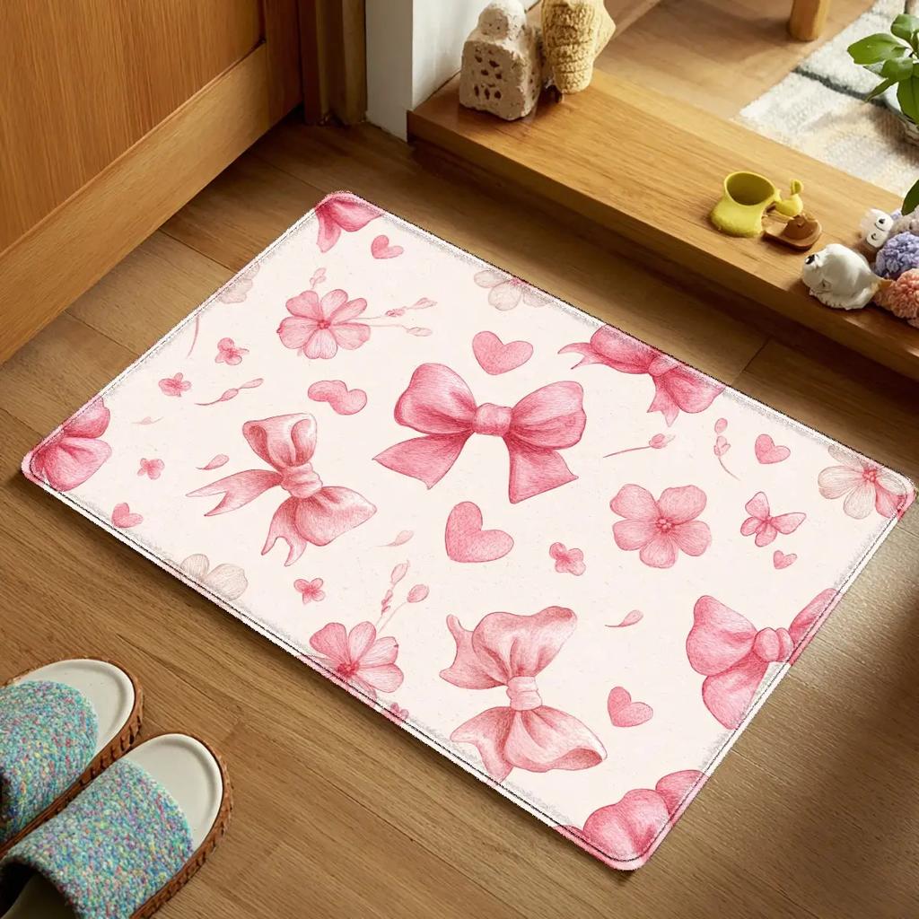 Pink ribbon, floral, and heart patterned floor mat, machine washable polyester, suitable for bedroom and living room decoration.