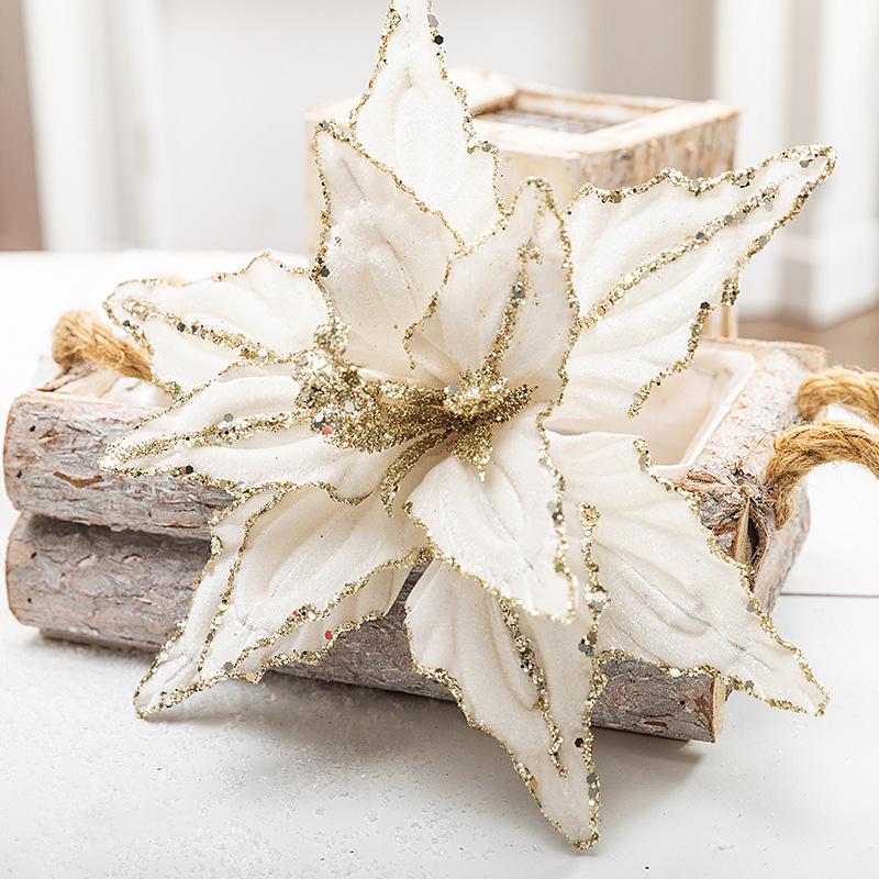 Velvet 26cm Christmas Flower Handmade Golden Glitter Artificial Flower Christmas Tree Hanging Flowers Pendant Decor 2025New Year