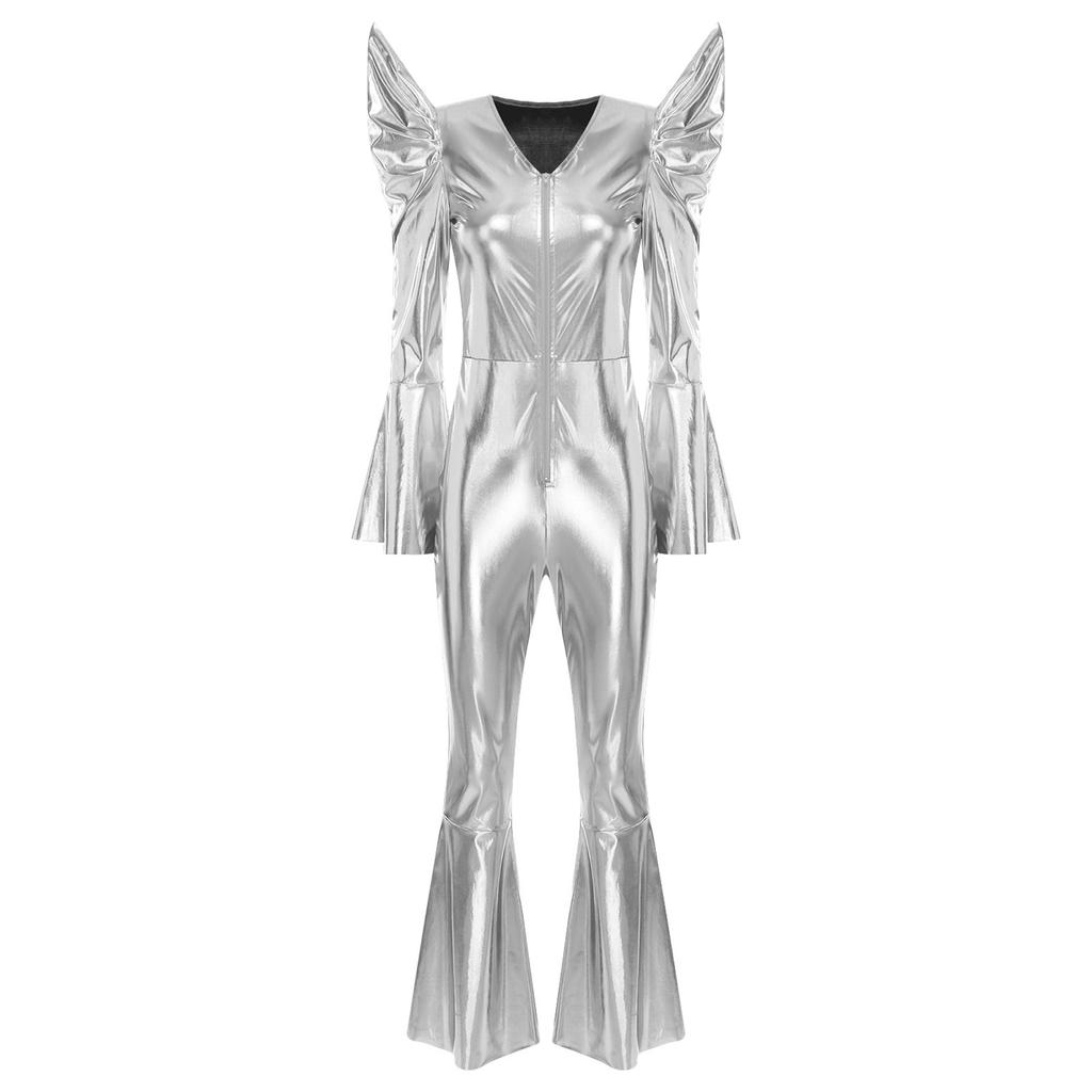 Tuta Disco Metallizzata Lucida da Donna Manica Lunga Vita Alta Zip Frontale Fondo a Zampa Romper Abbigliamento da Club