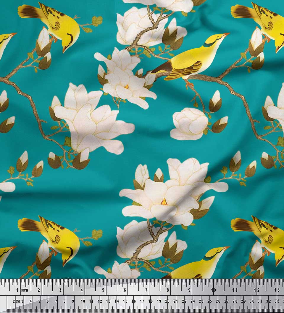 

Чорна поліетиленова крепова тканина Soimoi з квітковим орнаментом і листям Тканина з принтом із птахами та птахами 1 ярд 42 дюйми 42 Inch Wide - Poly Crepe зелений