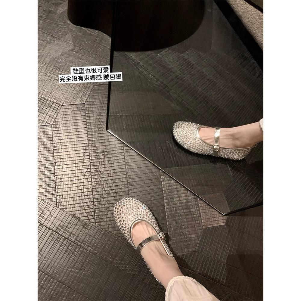 [sheii Su Yinyin] Single Shoe Version~ Rhinestone Mesh Yarn Breathable Flat Bottom Buckle with Mary Jane Single Shoes Women's Ballet Shoes