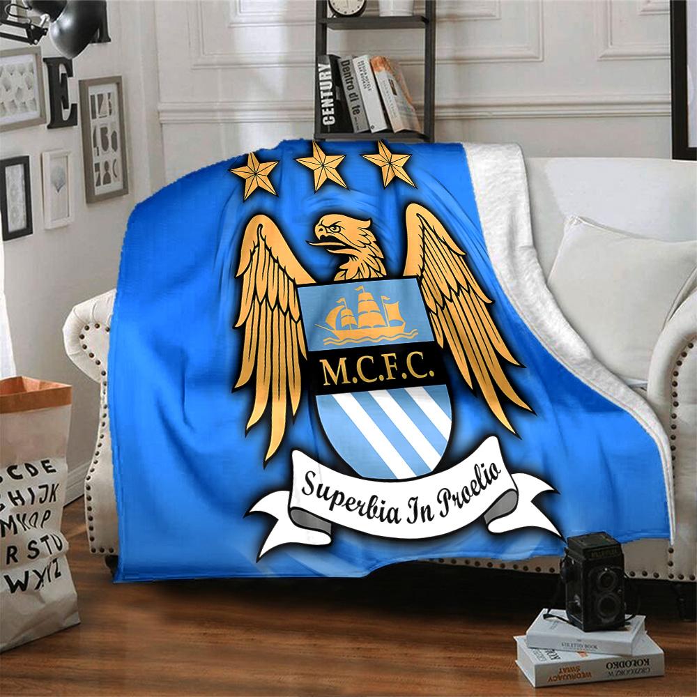 Manchester City Crest Flannel Blanket, Soft Polyester, Modern Design, All-Season for Camping, Travel, Gifts for holidays or birthdays