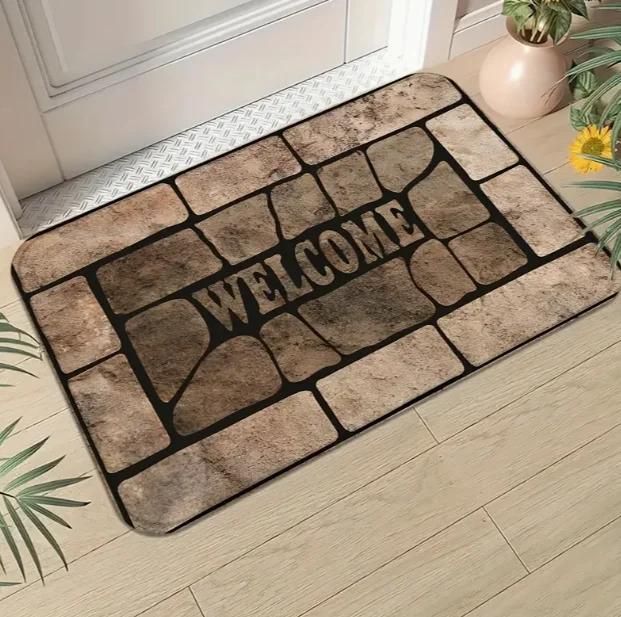 Stone Patterned Welcome Door Mat with A "welcome" Design for Farmhouse and Home Entrance The Front Door Welcome Mat Decoration