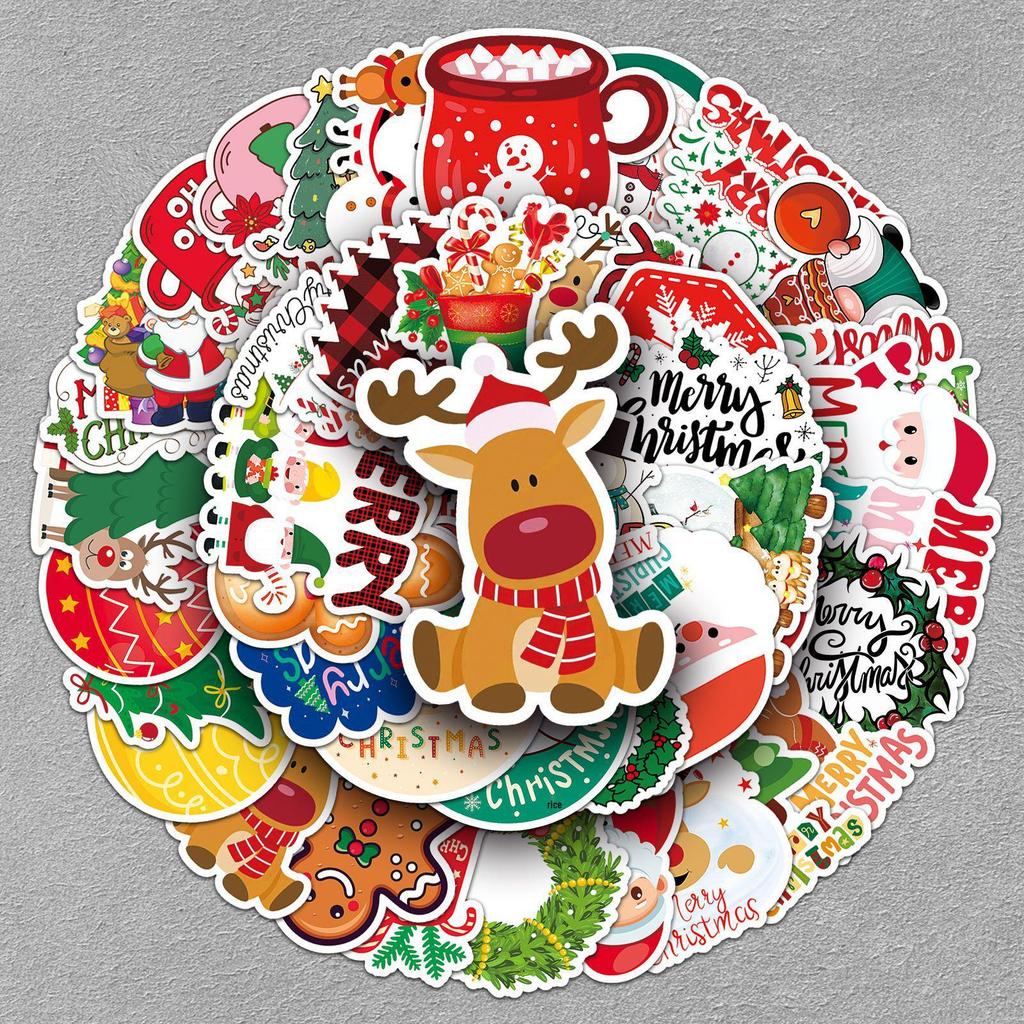 50 Christmas Cartoon Waterproof Stickers for Greeting Cards & DIY Journals