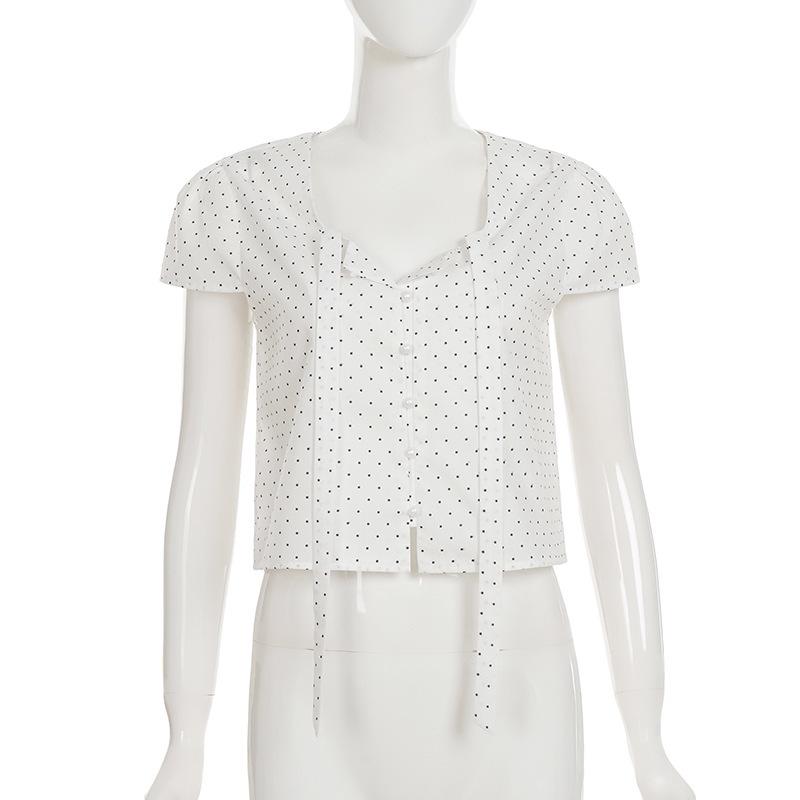 Chemise à Bretelles à Pois Français - Haut d'Été Mignon Coupe Ajustée Manches Courtes