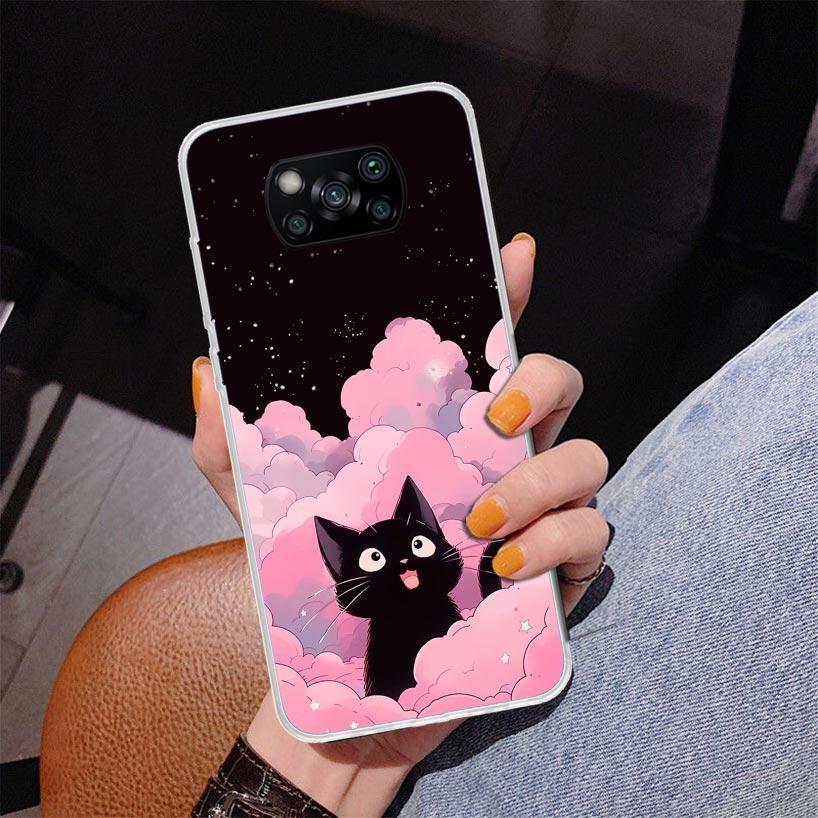 Anime Cute Black Cat Meow Phone Case For Xiaomi Poco X7 X6 X5 Pro F7 Ultra Redmi 15C 15 13C 13 12C 12 10 10A 10C 9 9A 9C 9T Cove