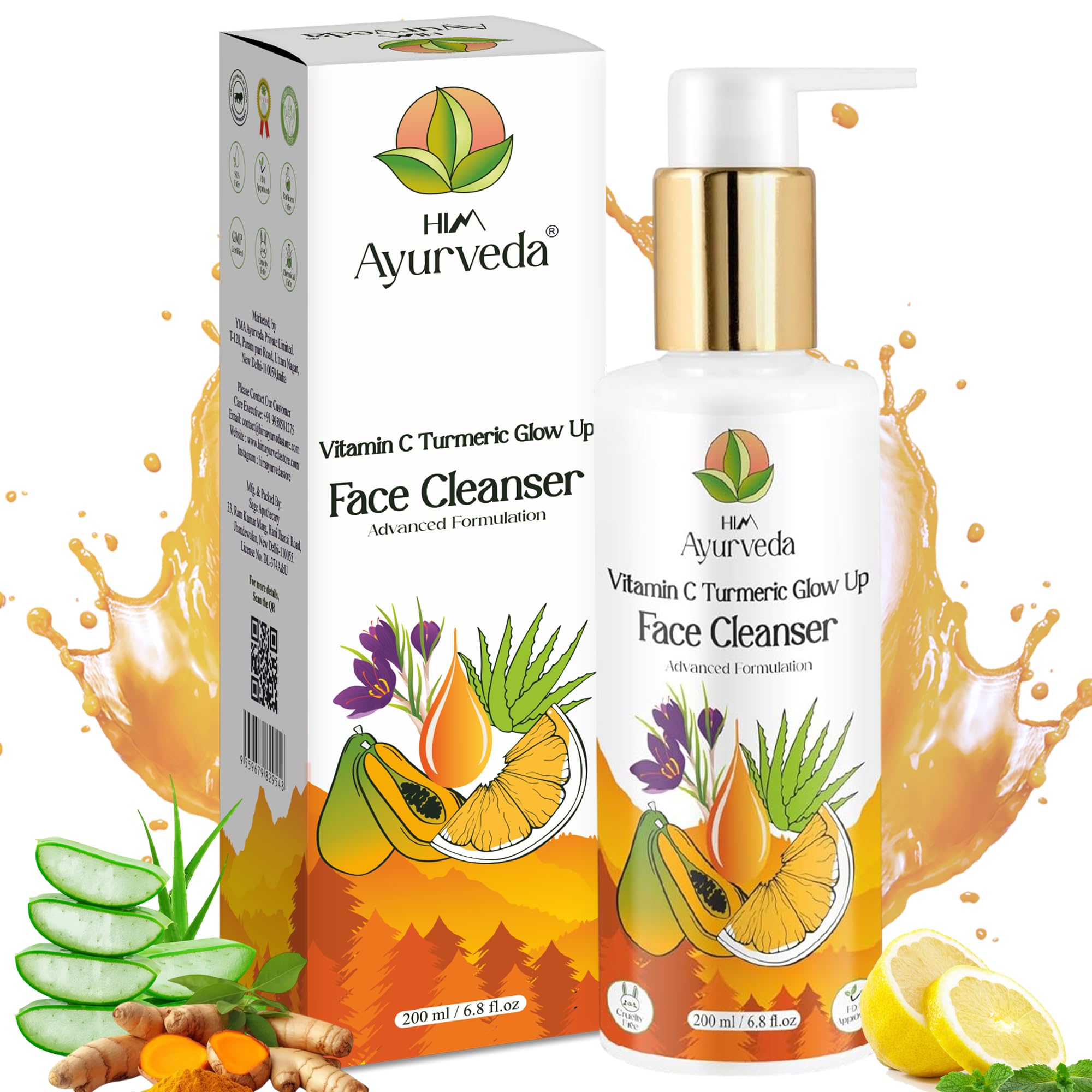 HIM Ayurveda Vitamin C Turmeric Glowup Face Cleanser 200ml | Herbal Face Wash with Lemon, Honey, Papaya & Pure Kashmiri Saffron | Helps Improve App