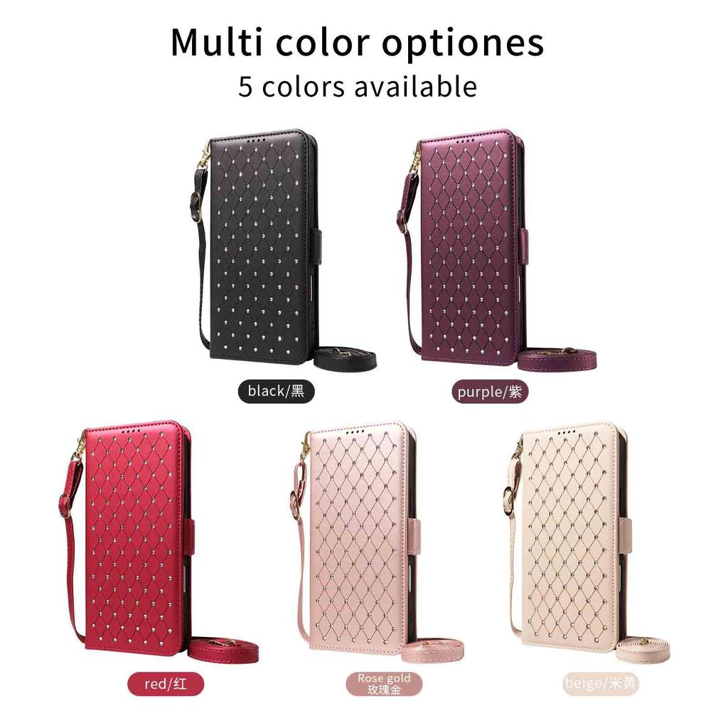 Suitable for Apple17Diamond-embellished starry sky leather case16E Card slot phone case15Plus Flip14Protective Sleeve
