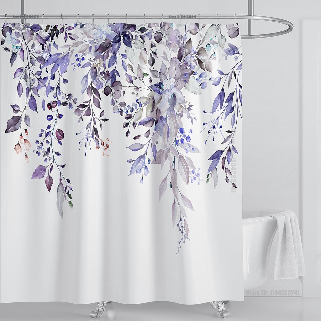 Emerald Green Eucalyptus Shower Curtain Fabric, Watercolor Plant Leaves with Floral Bathroom Shower Curtain Set with Hooks