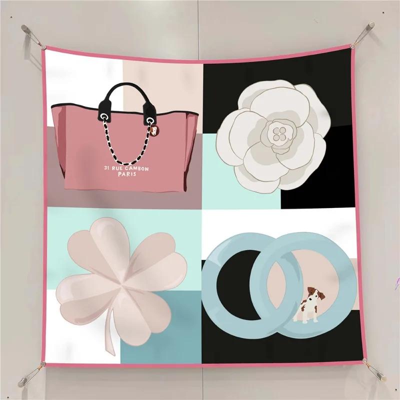 90Cm Autumn New Black And White Plain Rose Hat Twill Silk Women'S Sunscreen Shawl Large Square Scarf Headscarf