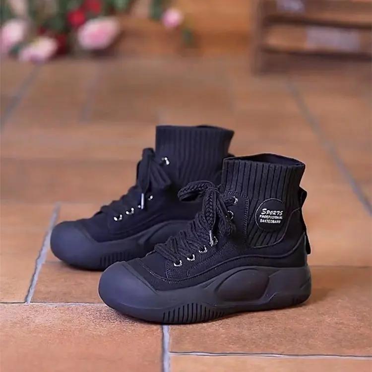 Fashion Women Boots Autumn/winter Lace Up Thick Soled High Elastic Short Boots Fashion High Top Comfort Non Slip Outdoor Shoes 2025