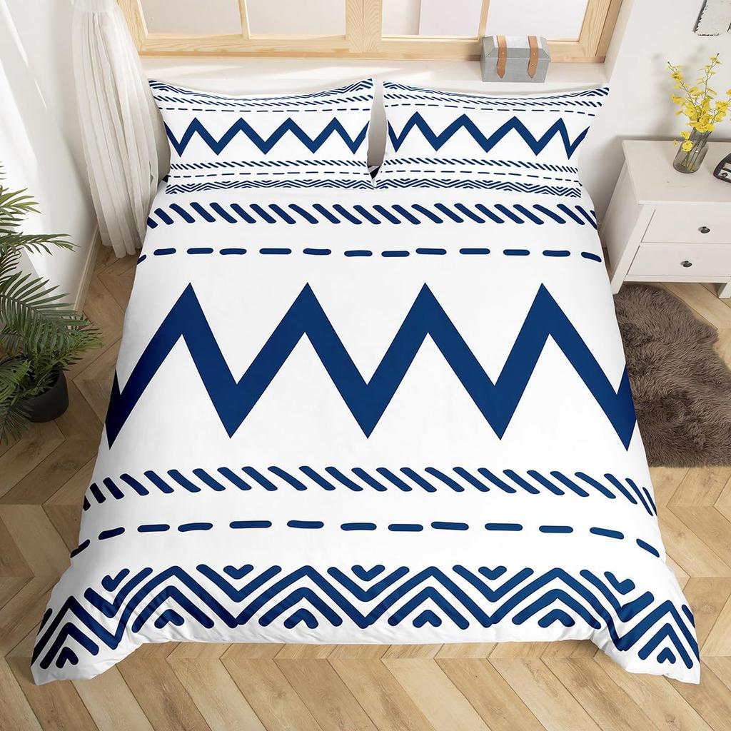 Geometric Modern Duvet Cover King Queen Black Gray Blue Comforter Cover with 2 Pillowcases Retro Stripes Geometry Bedding Set