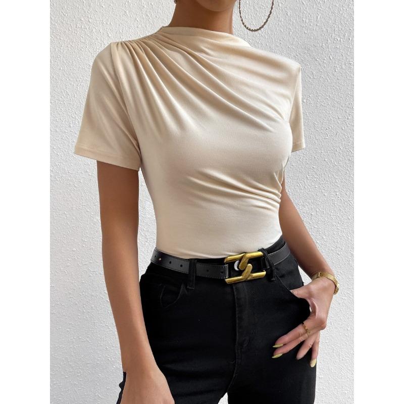 

Женская футболка весна-лето с высоким воротом, плиссированная, тонкая, с короткими рукавами S абрикосовый