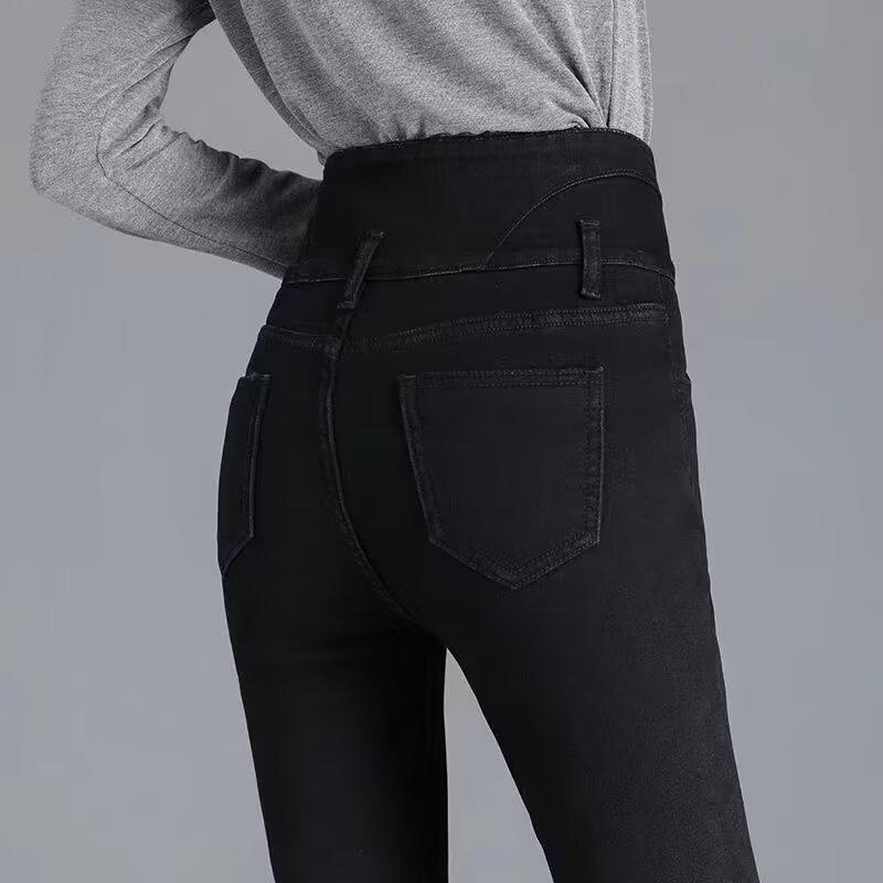 Fashion New Black Velvet Jeans Women Autumn and Winter High Waist Slim Fit Tight Plush Denim Pencil Pants Women Vintage Casual Jeans Trousers 25294