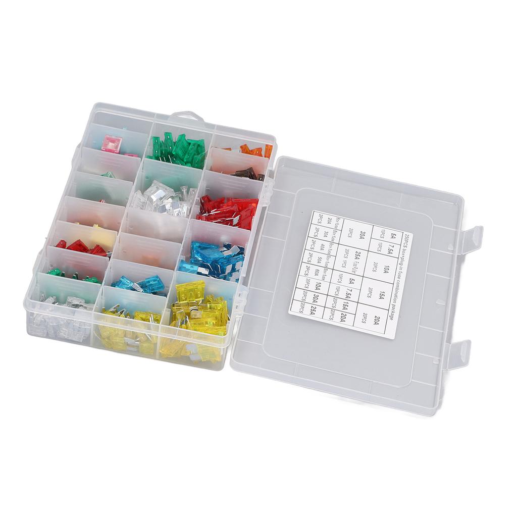 250 sztuk Bezpieczniki samochodowe Wysokiej częstotliwości Płytkowe i Pudełkowe Kombinacja Samochodowy Zestaw Asortymentowy Bezpieczników