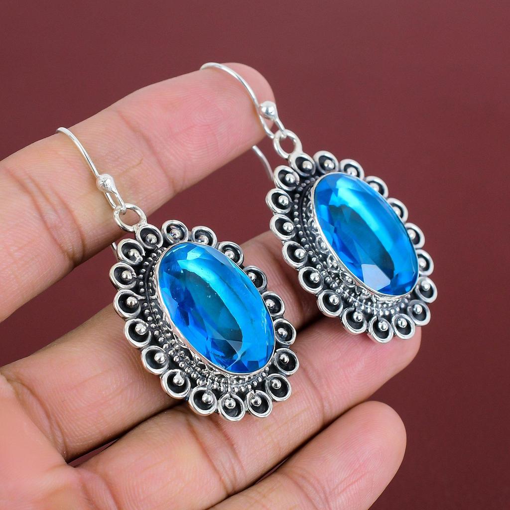 Faceted Swiss Blue Topaz Earring 925 Sterling Silver Earring Decent Jewelry Real Gemstone Earrings Swiss Blue Topaz Jewelry Handmade Earring