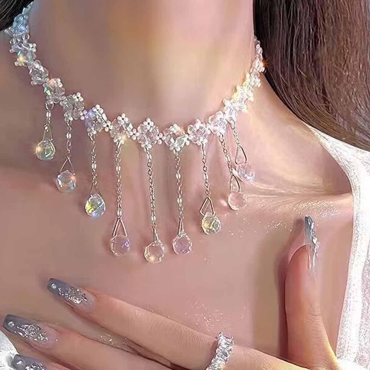 Elegant Crystal Pearl Tassel Choker Necklace for Women серебряный