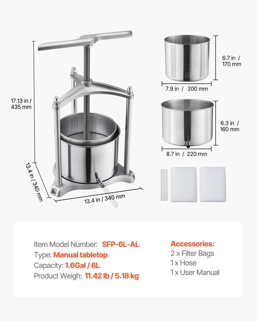 Fruit Wine Press, 1.6 Gallon/6L, Stainless Steel Manual Juice Maker with Powerful T-Shaped Handle, Juice Making for Apple/Grape/Orange/Berry,