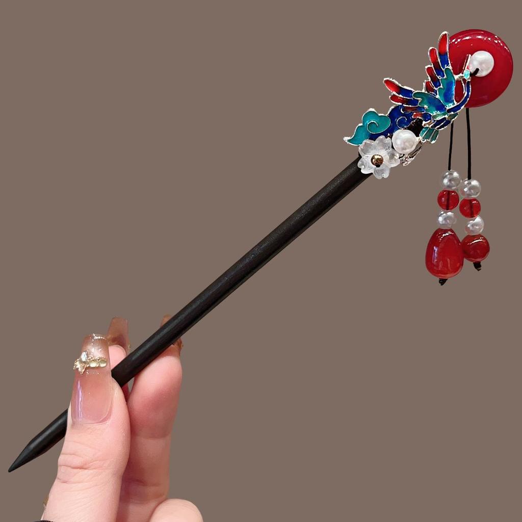 Elegant Red Rose Tassel Hairpin - U-shaped Hair Accessory for Women, Perfect for Updos and Traditional Attire.
