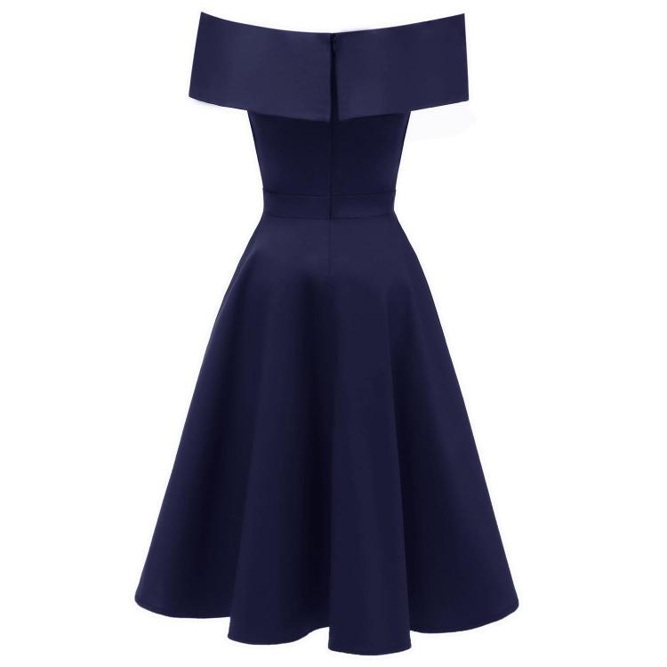 Vintage Off Shoulder Bardot Little Black Dress Women Sateen Skater Midi Prom Evening Party Cocktail Wedding Guest Classic Occasion Outfit