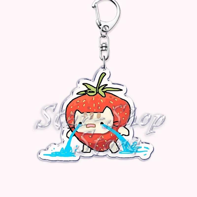 Kawaii Little Cat with Flower Keychains Strawberry Kitten Keyring for Accessories Bag Key Chain Ring Jewelry Fans Friends Gifts