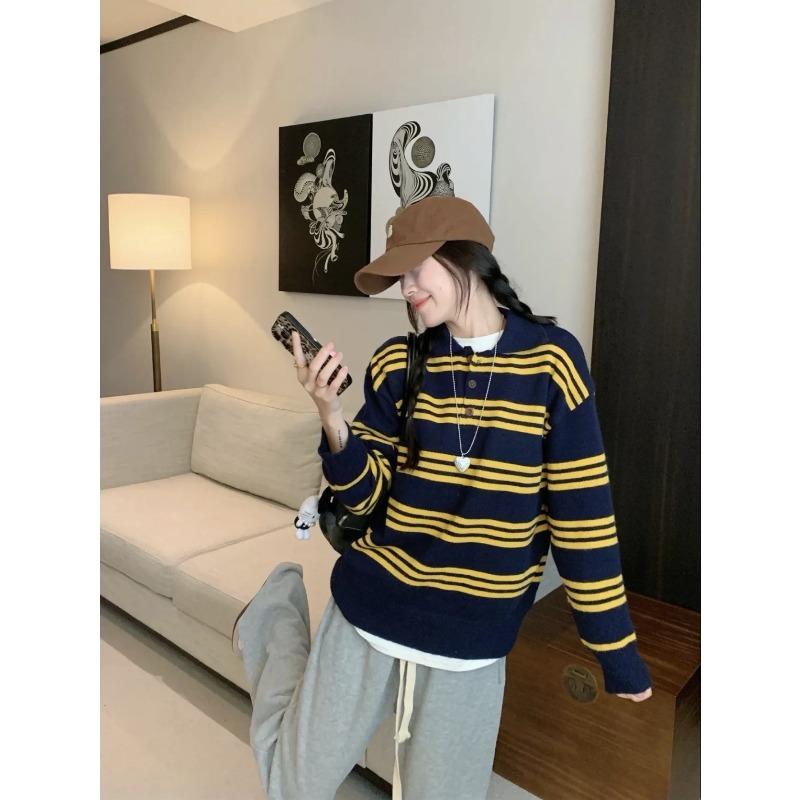 Autumn and winter new long-sleeved polo collar casual contrasting striped knitted sweater jacket retro sweater top