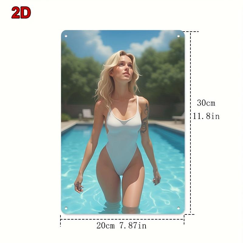 Retro Metal Tin Sign 8x12 Inch Vintage Wall Art, Bikini Girl Poolside Iron Poster For Bar Cafe Bedroom Decor