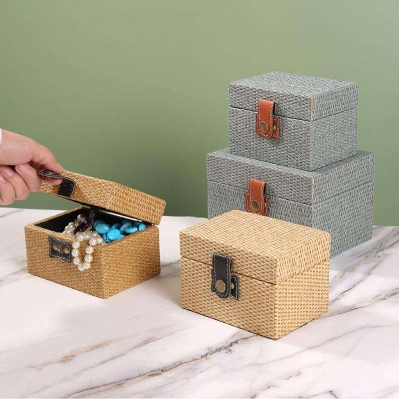 Convenient Travel Storage Box Wicker Pattern Jewelry Presentation Case Multi Functional Wooden Earrings Necklaces Holder