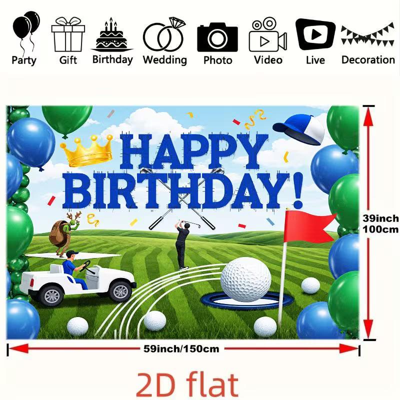 Telo di Sfondo 2D Fresco per Compleanno Golf, Palloncini Blu e Carrello da Golf Arazzo per Festa