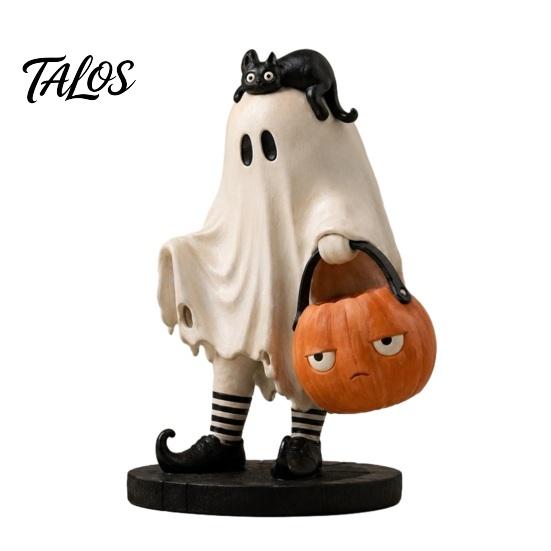 Small Statue for Mantels Cute Ghost Statue, Resin Black Cat Holding Pumpkin Bucket Ornament, Halloween Figurine Home Holiday Party Table Mantel
