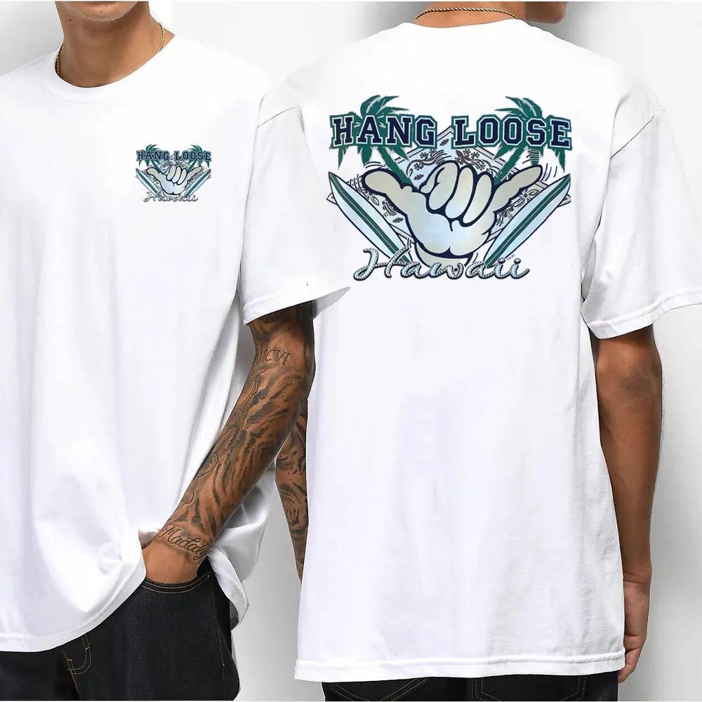 Hawaiian Style Mens Casual Tshirt Island Hanging Pine Shaka Surfboard Mens and Womens White Cotton Tee Retro Beach Surf Tops