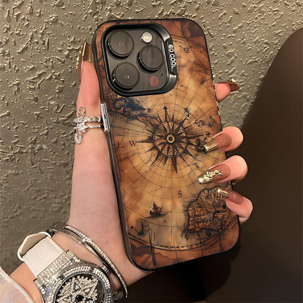 Wood Compass Clock Art Phone Case For iPhone 16,15,14,13,12,11,Pro,Max,Plus,Mini,XS,SE Anti Fall Black Matte Hard Bumper