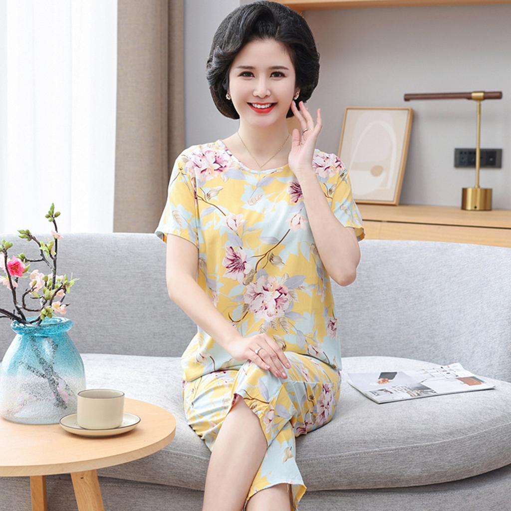 Ensemble pyjama d'été 2 pièces pour femme, haut et pantalon, imprimé floral, pantalon court, vêtements de nuit, col rond, grande taille, t-shirt, vêtements d'intérieur décontractés