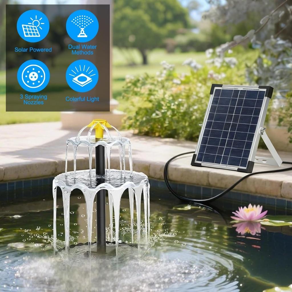 3 Tiered Bird Bath Fountain,Solar Powered Water Pump Waterfall Feature with Colorful Light 3 Nozzles 6W Solar Panel for Garden, BirdBath, Patio, Yard