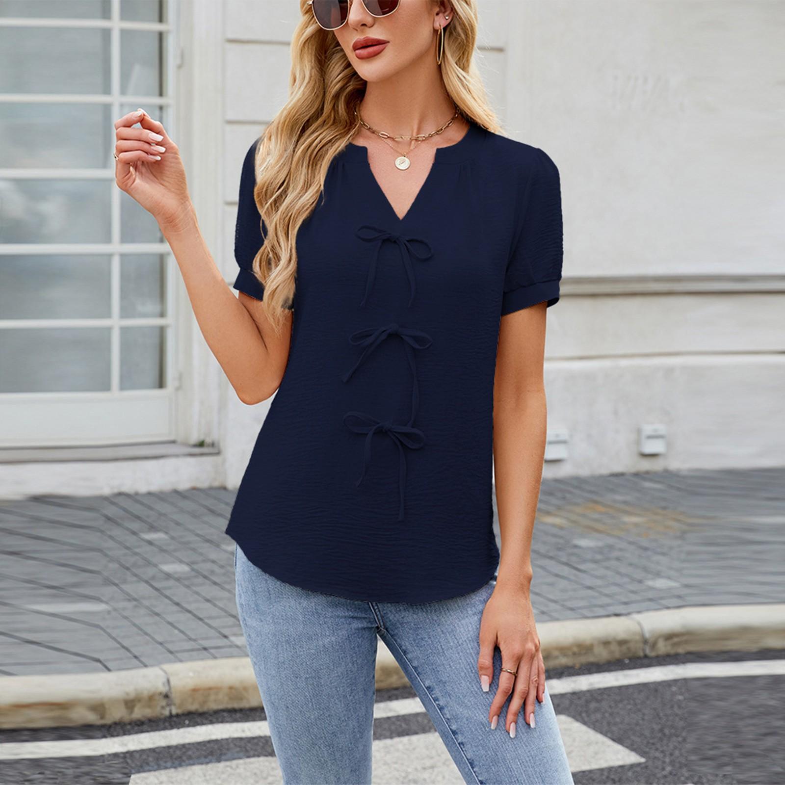 

Весна и лето Новая однотонная футболка с короткими рукавами и бантом, модная футболка с V-образным вырезом для женщин XXL тёмно-синий