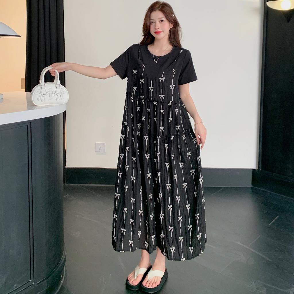 DIMANAF 2025 Summer Plus Size Dress Women Loose Casual Dress Basic Vintage Short Sleeve Bow Printing Long Dress