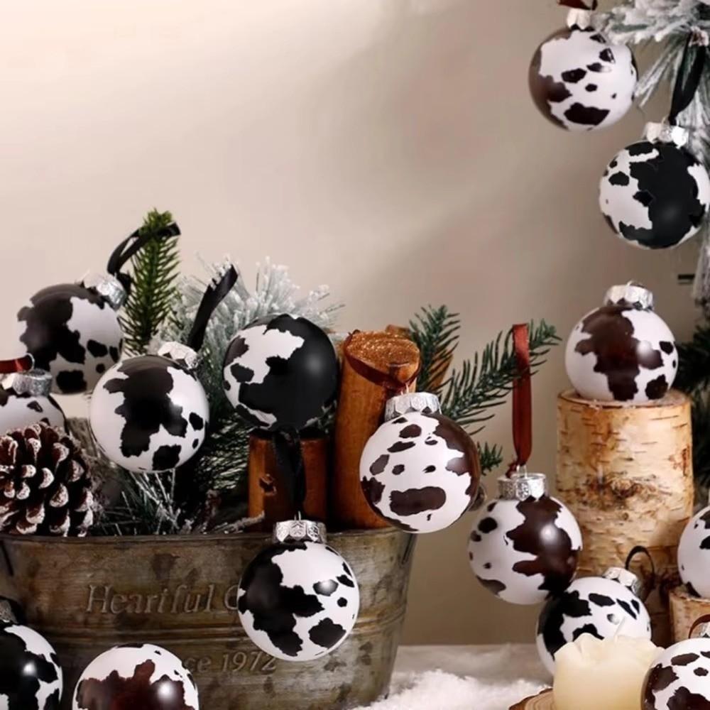 12/24Pcs Cow Print Ball Christmas Tree Ornaments Shatterproof 6CM Christmas Ball DIY Western Cowboy Xmas Tree Hangings Pendant