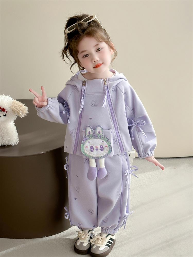 2025 Girls' Autumn Heart Bow Pullover & Zipper Jacket Pants Set