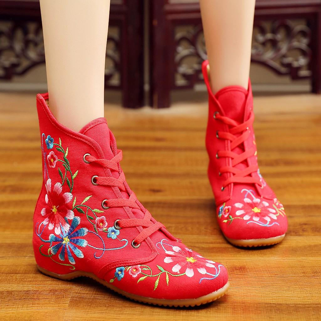 Women's Embroidered  Bare Booties Sport Flower Square Heel Short Boots