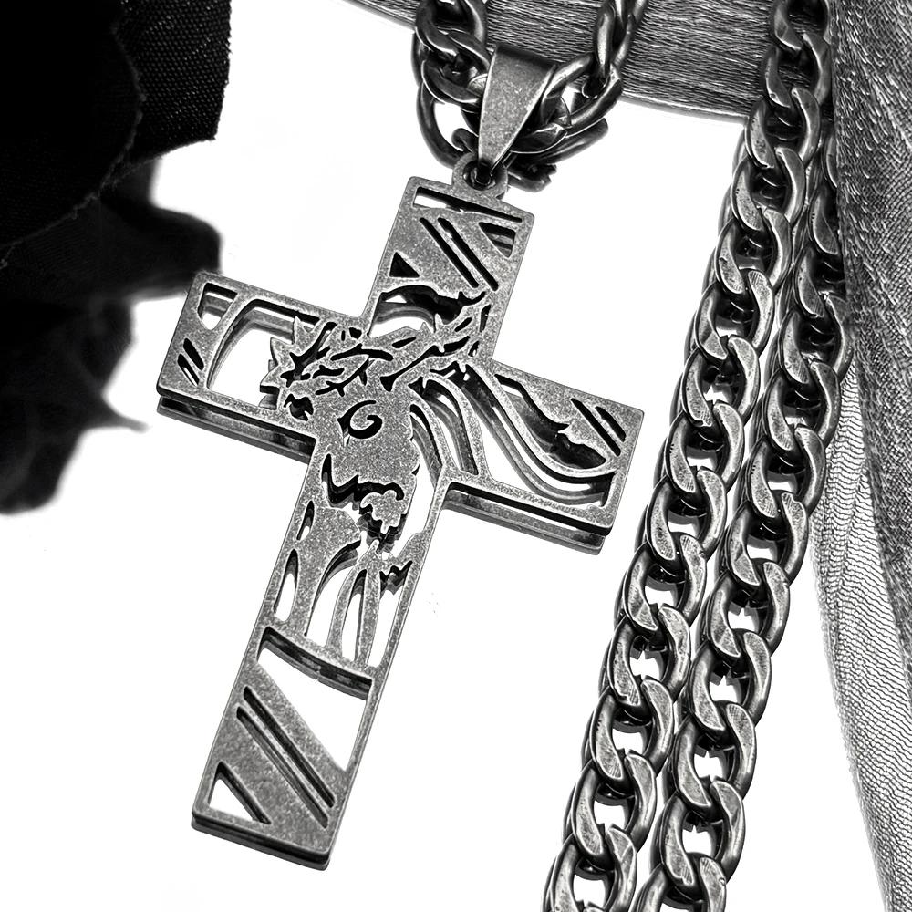 Hip Hop Punk Crown of Thorns Jesus Cross Necklace for Men Stainless Steel Gold Plated Crucifix Pendant Necklaces Jewelry N8052