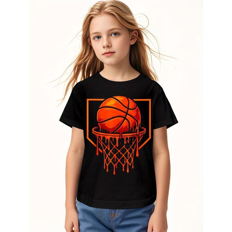 Kids Crewneck Short Sleeve Tee, Red Basketball Drip Print