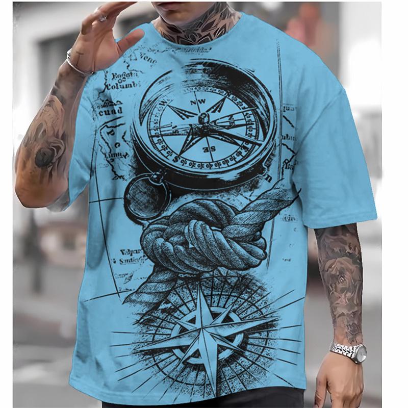 Vintage Compass Pattern Men's T-shirts Retro Map 3D Printed T-Shirts Summer Casual Oversized Short Sleeve Tees Round Neck Tops