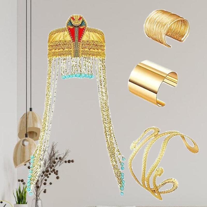 Egyptian Costume Accessories Includes Snake Egyptian Headpiece with Tassels Beads Wrist Bracelet Cuff Snake Arm Cuff
