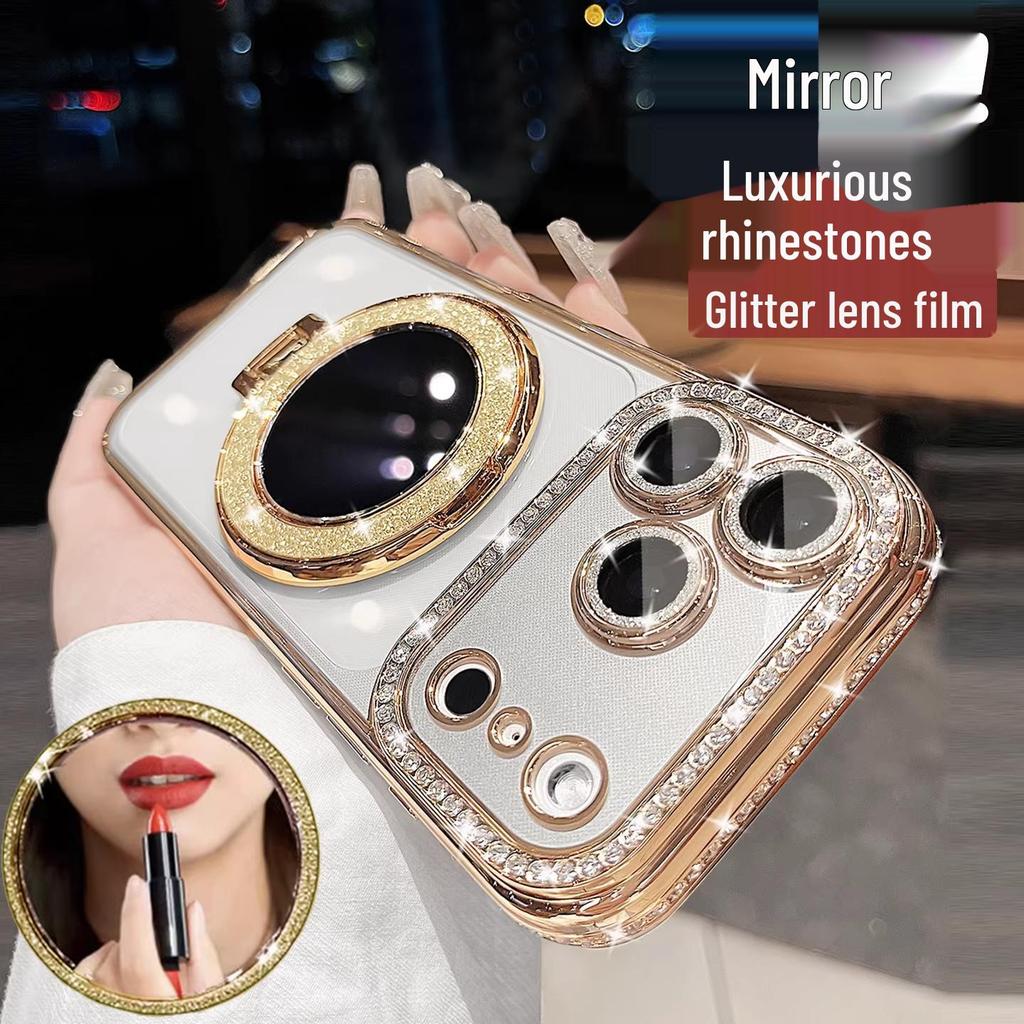 Rhinestone Glitter Mirror iPhone 17 Pro Max Case with Magnetic Stand - Luxury Female Cover, Also Fits iPhone 16 & 15