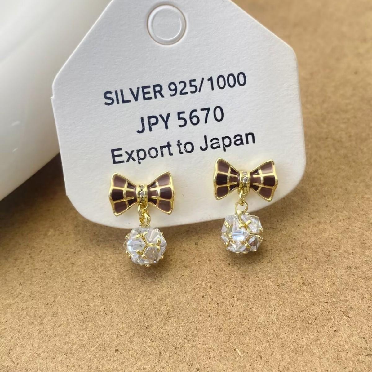Elegant Zircon Ball Earrings - French Brown Checkered Bow Design