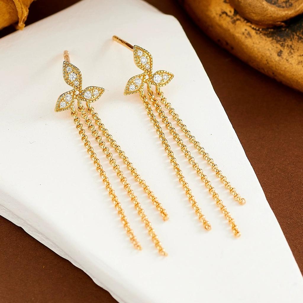 925 Sterling Silver Gold Plated Clover Shape Long Chain Tassel Stud Earring for Women Party Gift Piercing Jewelry
