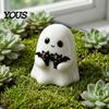 Handmade Resin Halloween Craft Ghost Figurine, Cute White Statue with Bats, Spooky Desk Decor Ornament for Home Mantel Tabletop Figurine