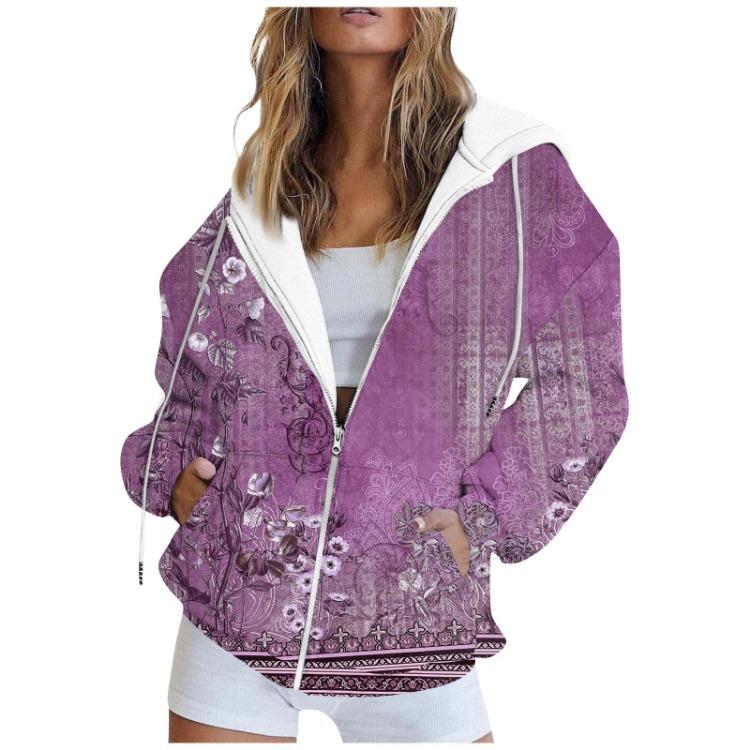 Fashion Women Casual Hoodie Coat Zipper Jacket Long Sleeve Printed Sweatshirt Cardigan with Pocket Autumn Winter Outerwear
