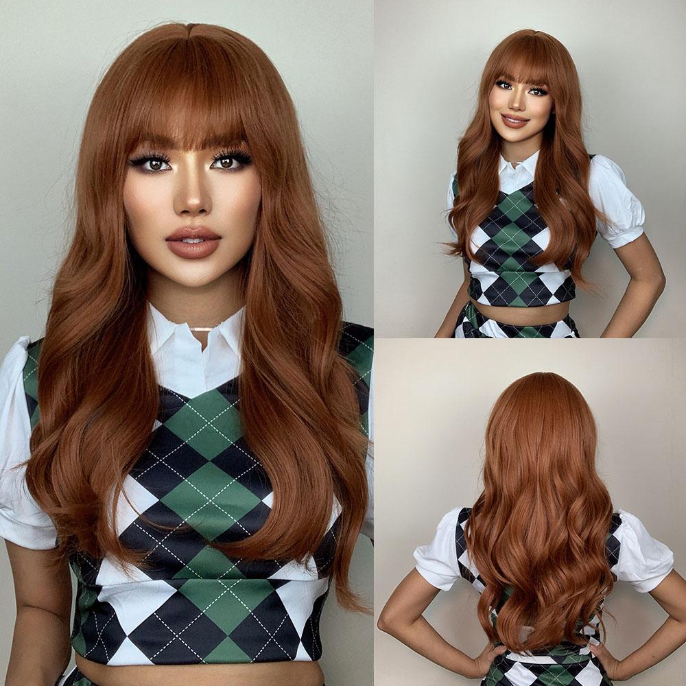 

HAIRCUBE Коричневые Выделенные Синтетические Парики Длинные Волнистые Парики Для Женщин С Челкой Ежедневно Косплей Термостойкие Парики Из Натуральных Волос LC034-1